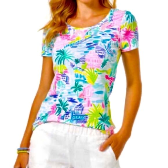 Lilly Pulitzer Halee Top Short Sleeve Private Island Palm Tree  SMALL - Picture 1 of 8
